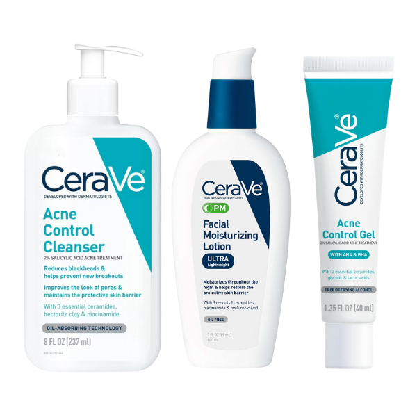 CeraVe Complete Acne Care Routine – Cleanser, PM Moisturizer & Acne Control Gel