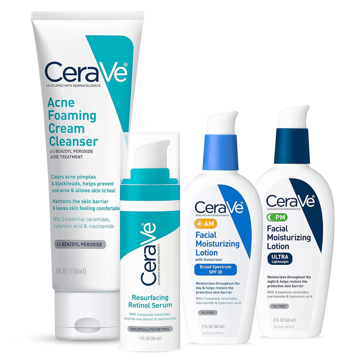CeraVe Complete Acne Control Set – Cleanser, Retinol Serum & Moisturizers (AM + PM) | Acne & Hydration Routine
