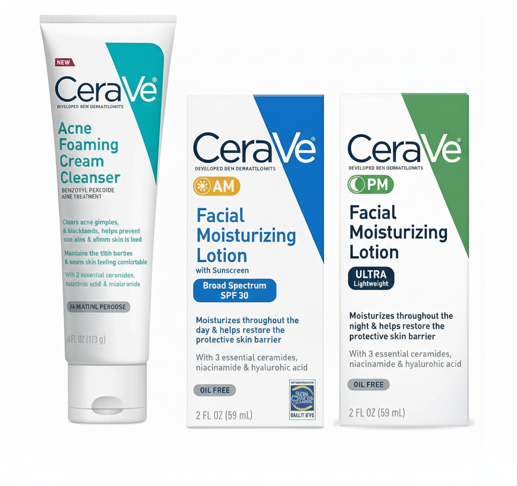 CeraVe Acne Foaming Cream Cleanser 5 oz + AM Facial Moisturizer SPF 30 3 oz + PM Facial Moisturizer Lotion 3 oz – Complete Daily Skincare Routine Bundle