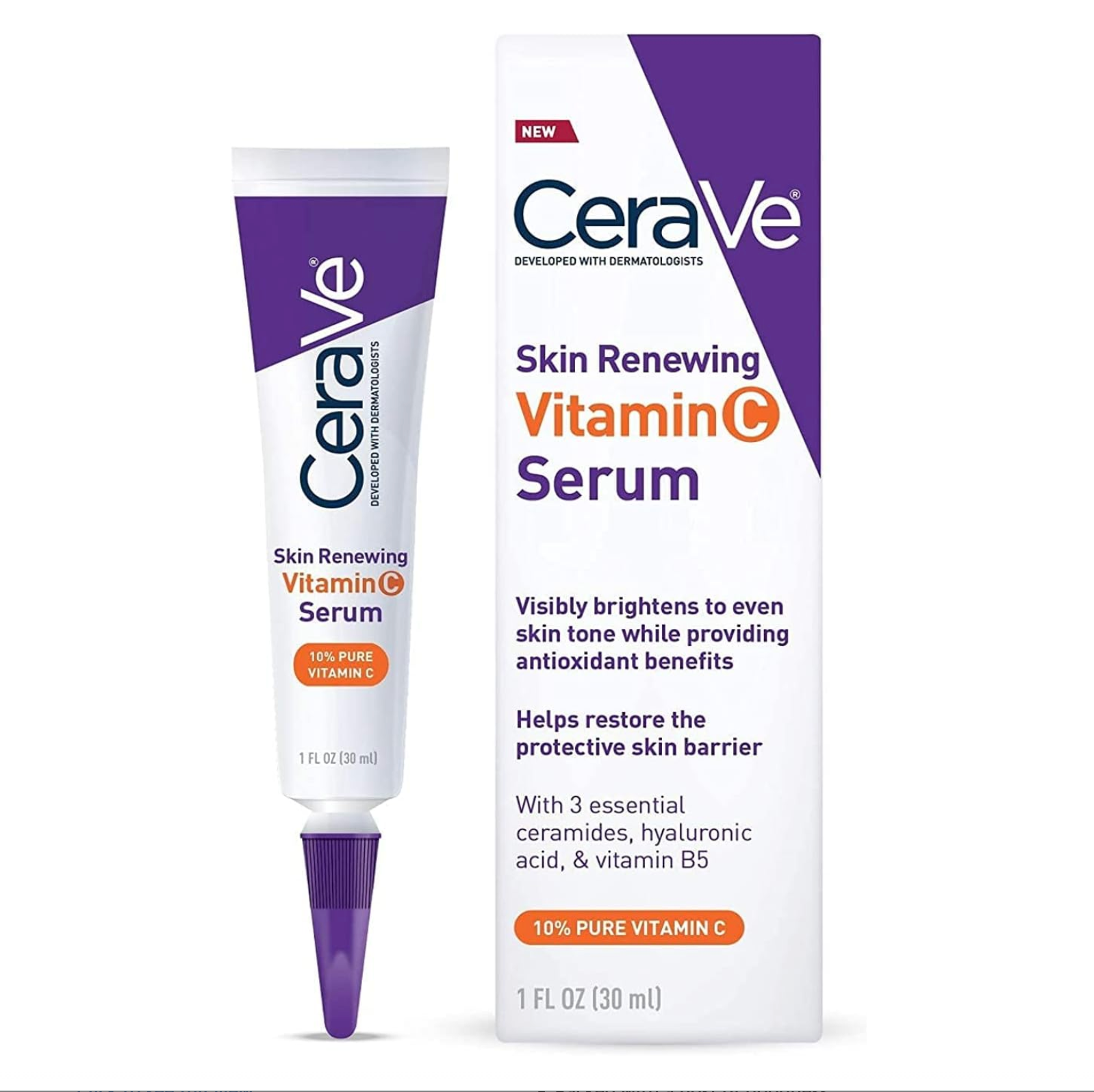 Cerave Vitamin C Serum With Hyaluronic Acid, Skin Brightening Serum For Face With 10% Pure Vitamin C, Fragrance Free, 1 Fl. Oz