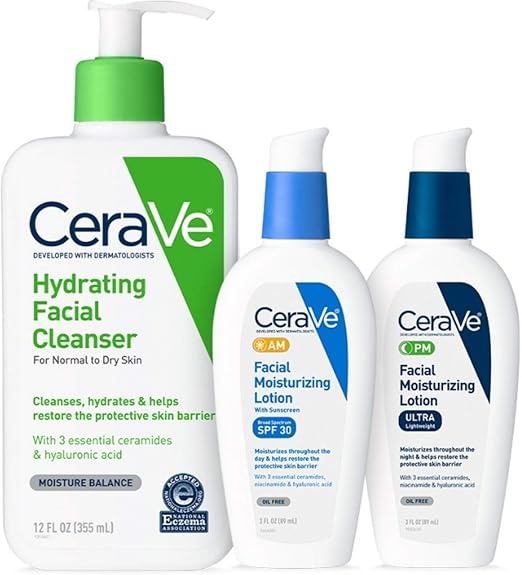 CeraVe Daily Care Trio Hydrating Facial Cleanser & Moisturizing Lotion AM/PM Combo | Daily Skincare Set with SPF 30 & Hyaluronic Acid
