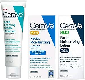 CeraVe Acne Foaming Cream Cleanser 5 oz + AM Facial Moisturizer SPF 30 3 oz + PM Facial Moisturizer Lotion 3 oz – Complete Daily Skincare Routine Bundle