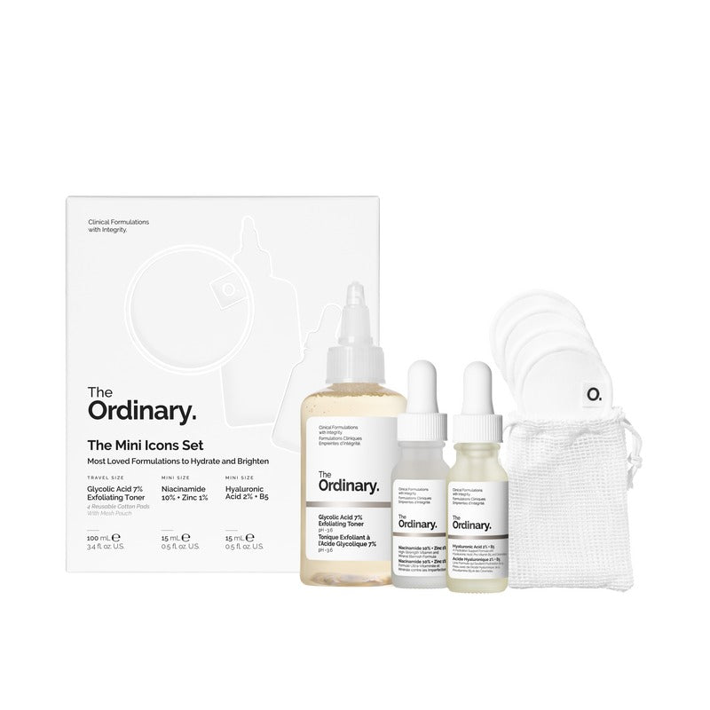 The Ordinary Mini Icons Set: Glycolic Acid 7% Toner 100ml, Niacinamide 10% + Zinc 15ml, Hyaluronic Acid 2% + B5 15ml + Pads