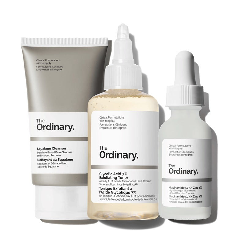 The Ordinary Clear Skin Trio: Squalane Cleanser, Glycolic Acid 7% Toner, Niacinamide 10% + Zinc