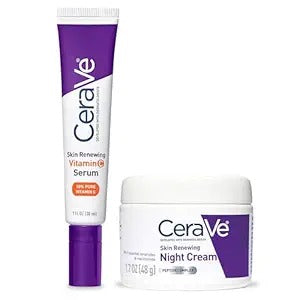 CeraVe Skin Renewing Vitamin C Serum 1 fl oz + Night Cream 1.7 oz Duo – Anti-Aging Brightening & Hydration Set